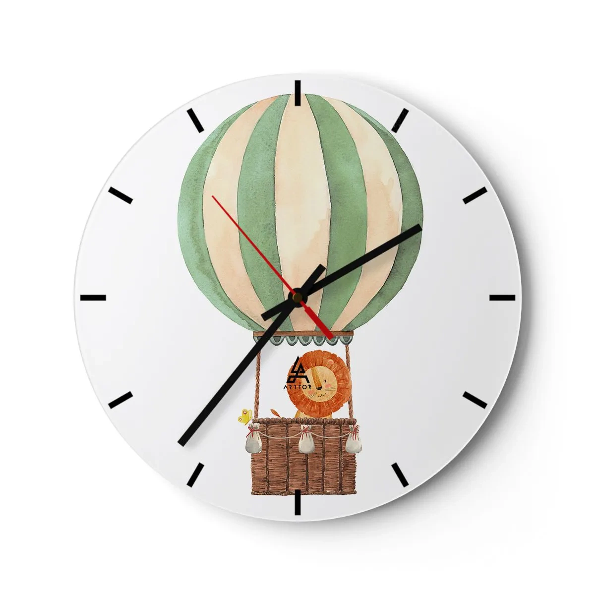 Nástěnné hodiny - Lev a kachna v balónu na bílém pozadí - 30x30cm - Leonovy cesty - Moderní nástěnná dekorace do obývacího pokoje, kuchyně a ložnice ARTTOR
