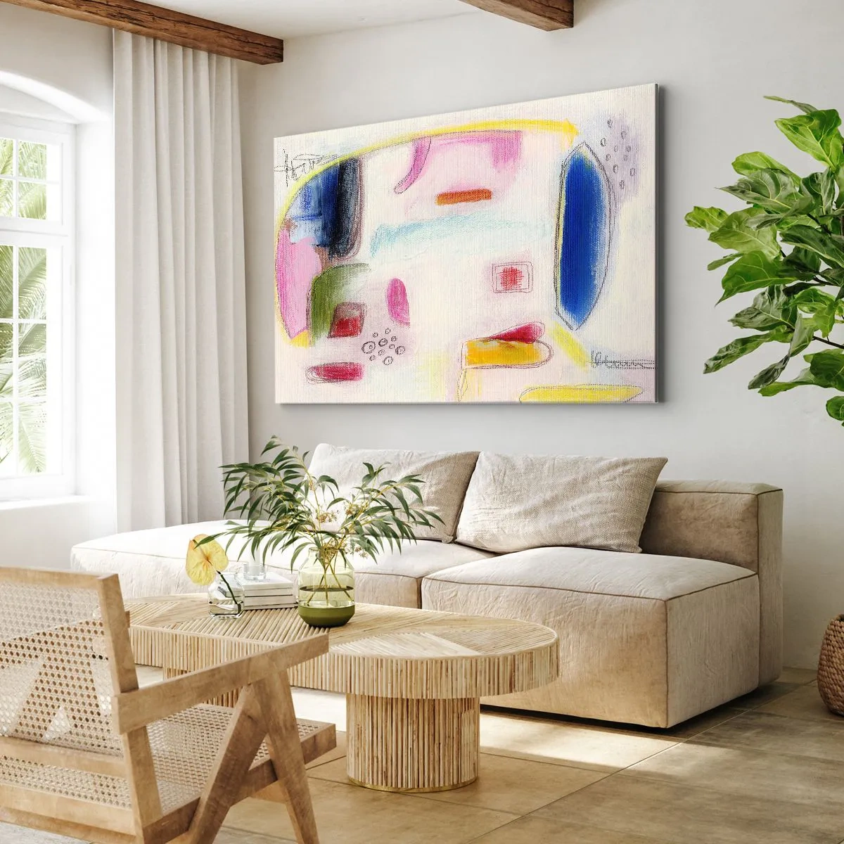 Obraz na plátně - Barevné abstraktní tvary na světlém pozadí - 70x50cm - Více konvexní než konkávní nebo ploché - Moderní nástěnná dekorace do obývacího pokoje a ložnice ARTTOR