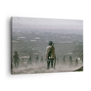 Obraz na plátně - Postava se zbraní stojí před skupinou v dystopické krajině. - 70x50cm - Poslední spravedlivý? - Moderní nástěnná dekorace do obývacího pokoje a ložnice ARTTOR