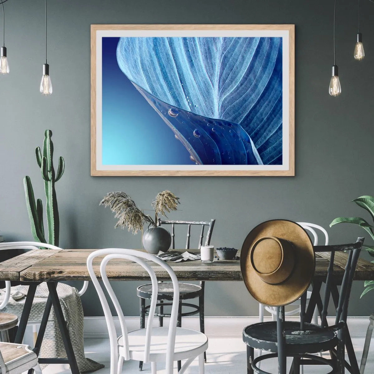 Plakát v rámu světlý dub - Skryté kapky modři - 100x70 cm