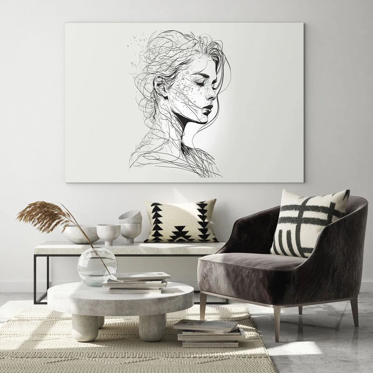 Obraz na skle - Černobílá skica ženy se zavřenýma očima v jemné linii. - 70x50cm - Portrét v zamyšlení - Moderní nástěnná dekorace do obývacího pokoje a ložnice ARTTOR
