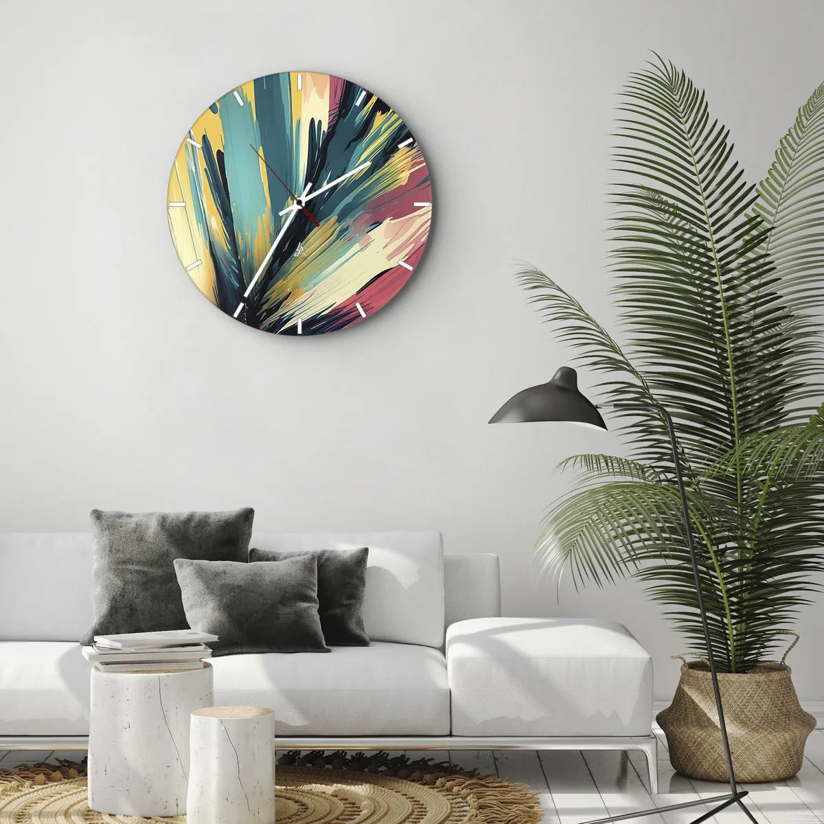 Nástěnné hodiny - Exploze barev ve stylu expresivních tahů štětcem. - 30x30cm - Kompozice – exploze radosti - Moderní nástěnná dekorace do obývacího pokoje, kuchyně a ložnice ARTTOR