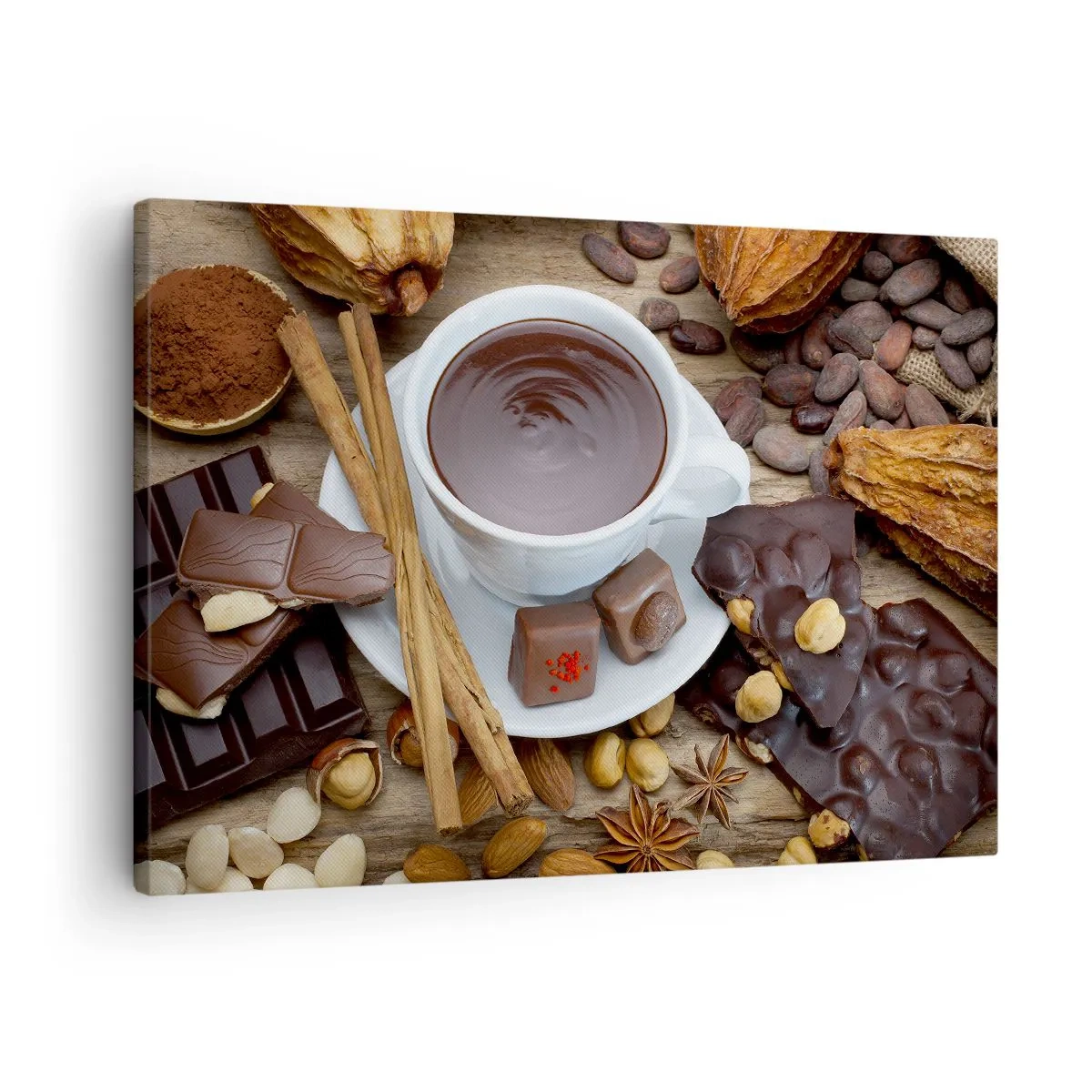 Obraz na plátně - Šálek horké čokolády obklopený ingrediencemi na dezert - 70x50cm - Z pohádkové továrny na čokoládu - Moderní nástěnná dekorace do obývacího pokoje a ložnice ARTTOR