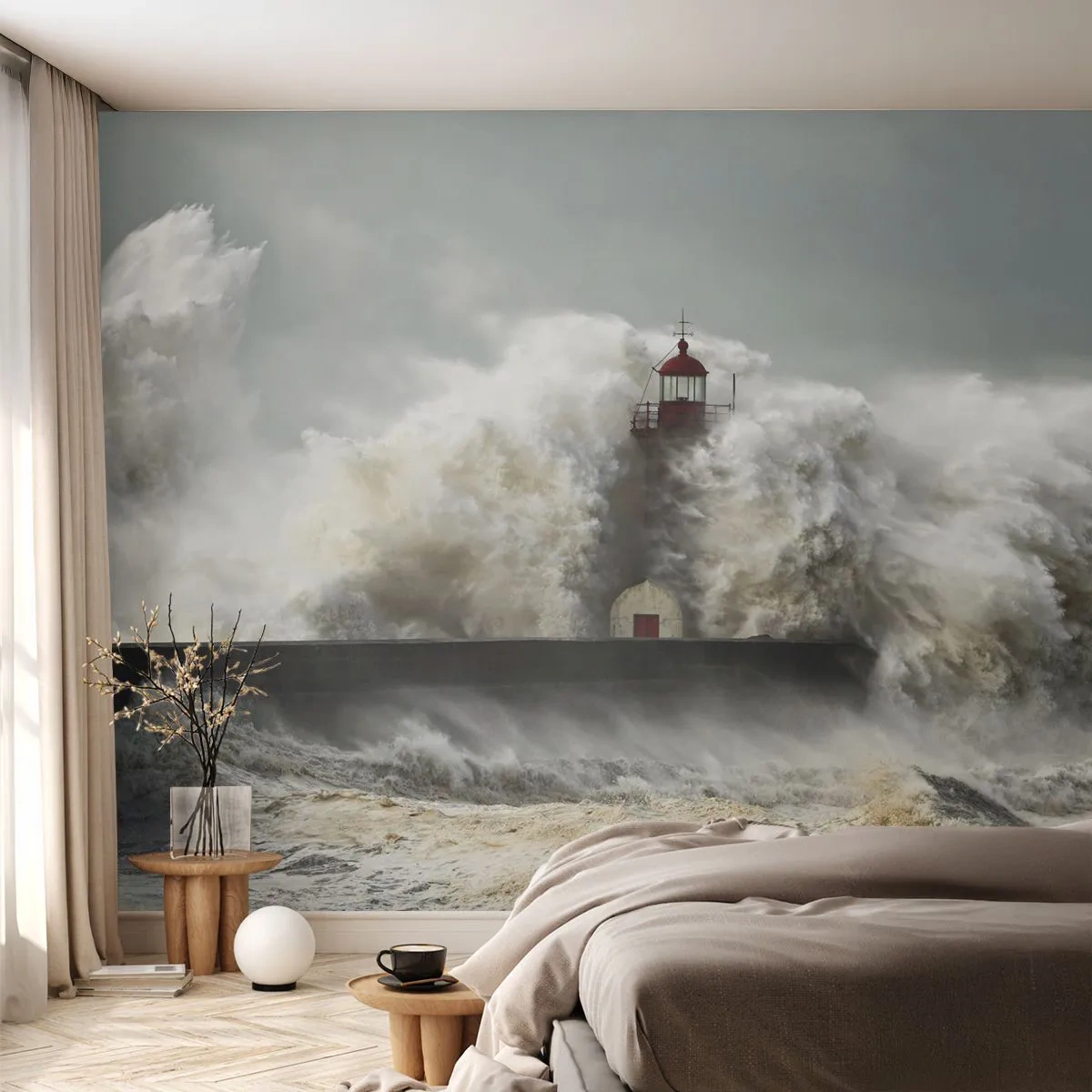 Fototapeta Premium Canvas - Hněv oceánu - Krajina, Maják, Bouřka - 250x175 cm