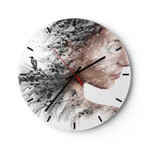 Nástěnné hodiny - Umělecký profil ženy s motivem větví a ptáků na bílém pozadí. - 30x30cm - Duch lesa - Moderní nástěnná dekorace do obývacího pokoje, kuchyně a ložnice ARTTOR