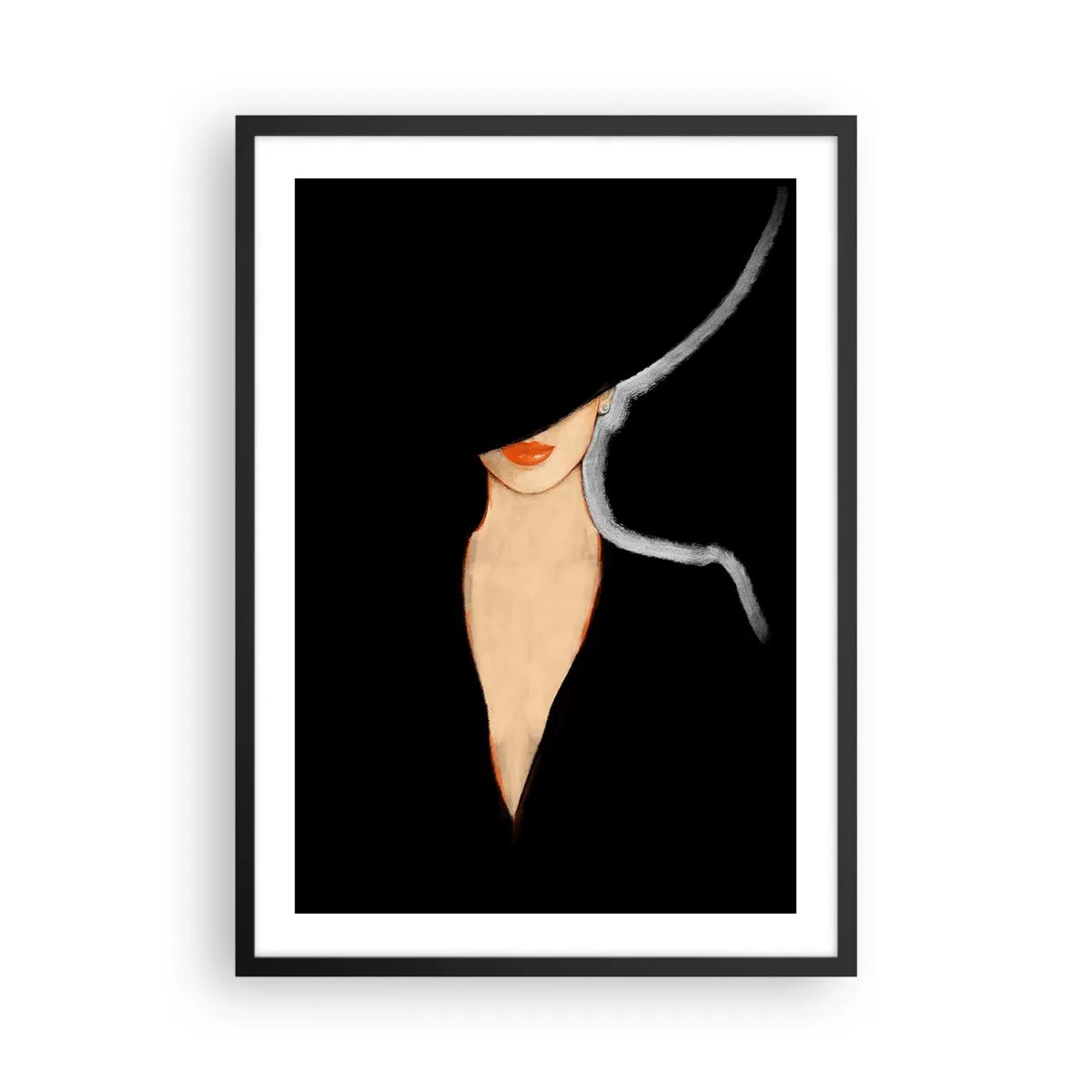 Plakát v černém rámu - Žena v klobouku s červenými rty na černém pozadí - 50x70cm - Elegance a styl - Moderní nástěnná dekorace do obývacího pokoje a ložnice ARTTOR