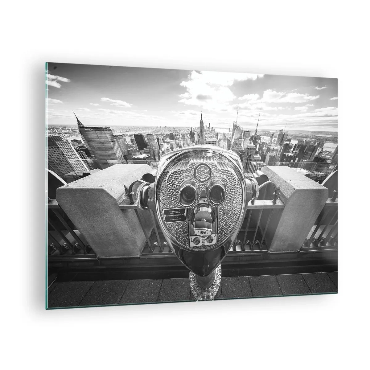 Obraz na skle - Černobílý pohled na New York pozorovacím dalekohledem - 70x50cm - Město nad městy - Moderní nástěnná dekorace do obývacího pokoje a ložnice ARTTOR