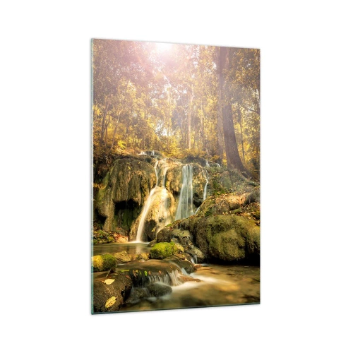 Obraz na skle - Lesní vodopád v zelené - 70x100 cm