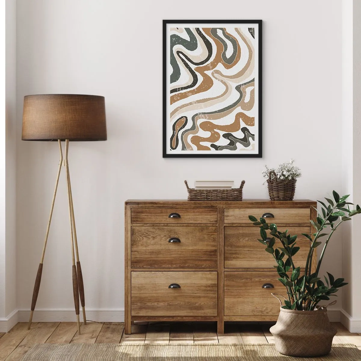 Plakát v černém rámu - Abstraktní organické vzory v zemitých tónech - 50x70cm - Meandry zemitých barev - Moderní nástěnná dekorace do obývacího pokoje a ložnice ARTTOR
