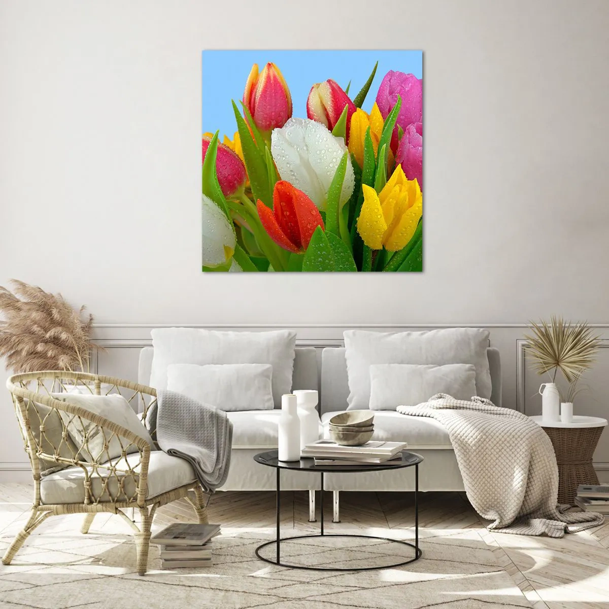 Obraz na skle - Květinová duha v kapkách rosy - 30x30 cm