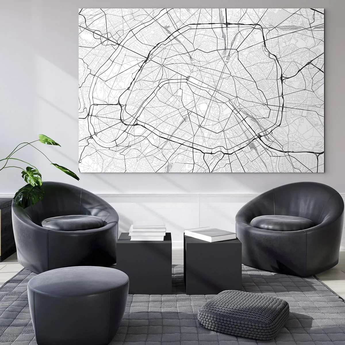 Obraz na skle - Černobílá mapa města s uliční mřížkou a kruhovými tepnami - 70x50cm - Květ Paříže - Moderní nástěnná dekorace do obývacího pokoje a ložnice ARTTOR
