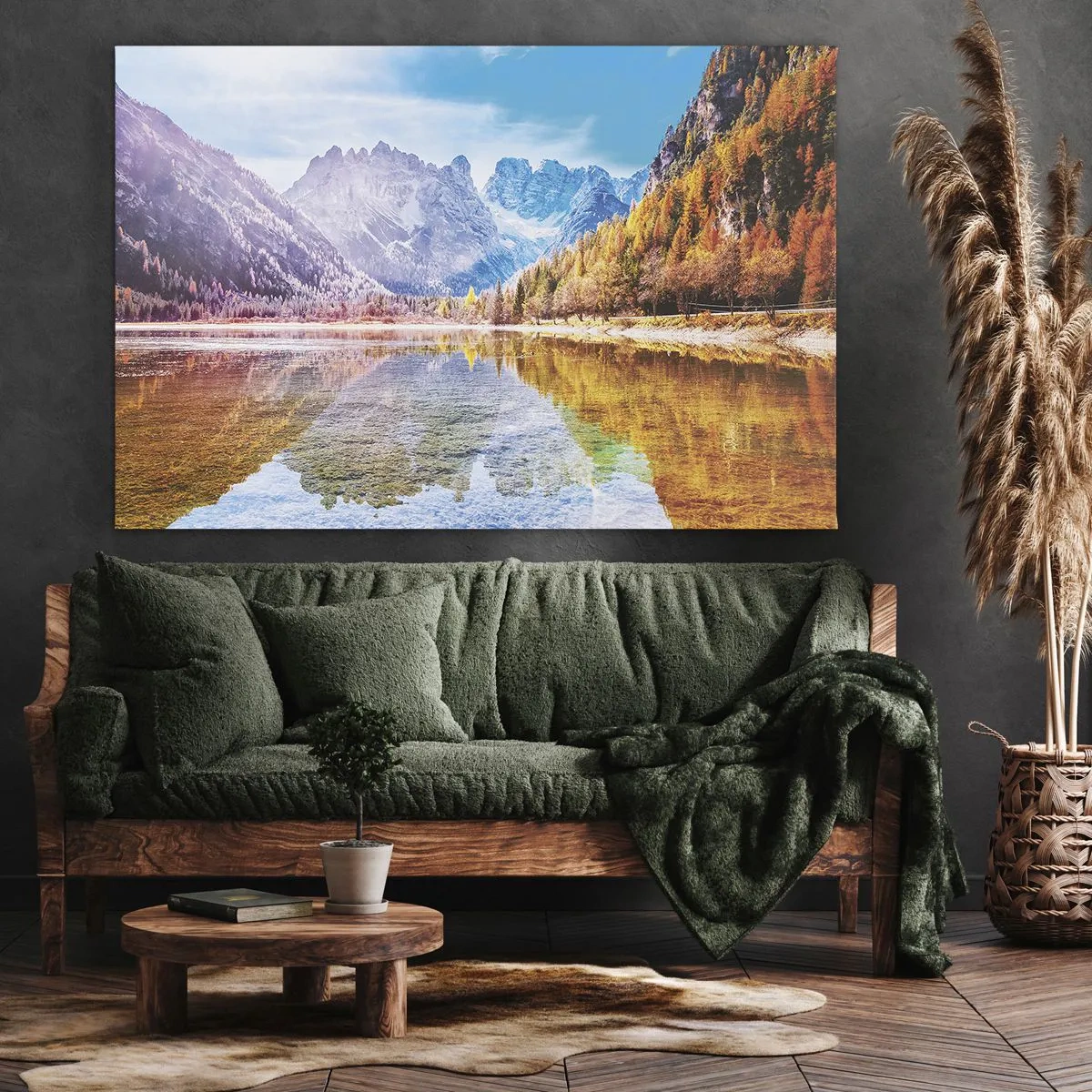 Obraz na plátně - Podzimní horská krajina s jezerem - 70x50cm - A v horách už je podzim - Moderní nástěnná dekorace do obývacího pokoje a ložnice ARTTOR