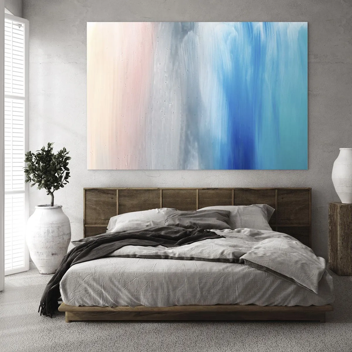 Obraz na skle - Svislé pruhy pastelových a modrých barev v abstraktním stylu. - 70x50cm - Živly: vzduch - Moderní nástěnná dekorace do obývacího pokoje a ložnice ARTTOR