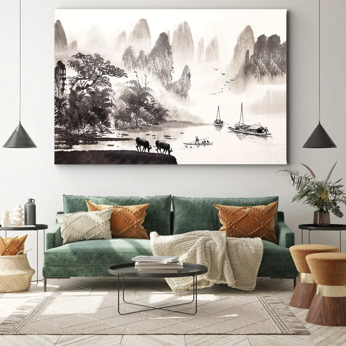 Obraz na plátně - Malebná krajina v asijském stylu s mlhavými horami - 70x50cm - Exotická všednost Východu - Moderní nástěnná dekorace do obývacího pokoje a ložnice ARTTOR