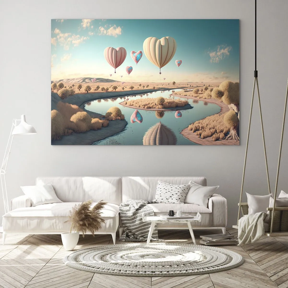 Obraz na skle - Balónky ve tvaru srdce nad pohádkovou krajinou s řekou - 70x50cm - Láska tě nechá vzlétnout - Moderní nástěnná dekorace do obývacího pokoje a ložnice ARTTOR