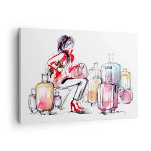 Obraz na plátně - Žena s kufry v dynamické akvarelové ilustraci - 70x50cm - Posaďme se před cestou - Moderní nástěnná dekorace do obývacího pokoje a ložnice ARTTOR