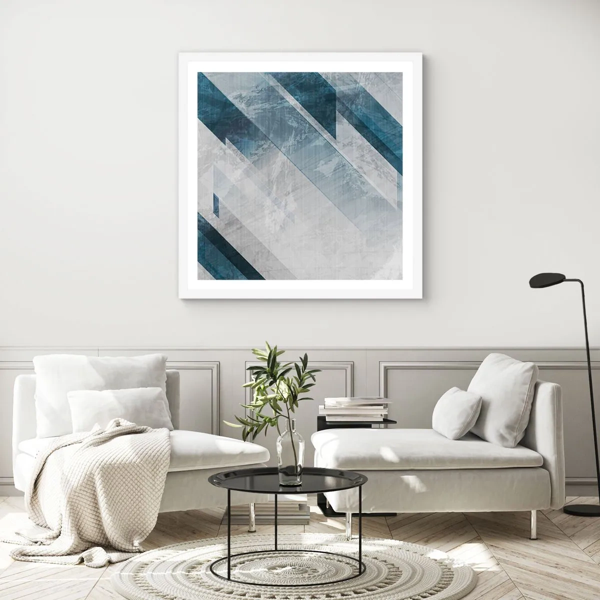 Plakát v bílém rámu - Prostorová kompozice – pohyb šedé - 60x60 cm