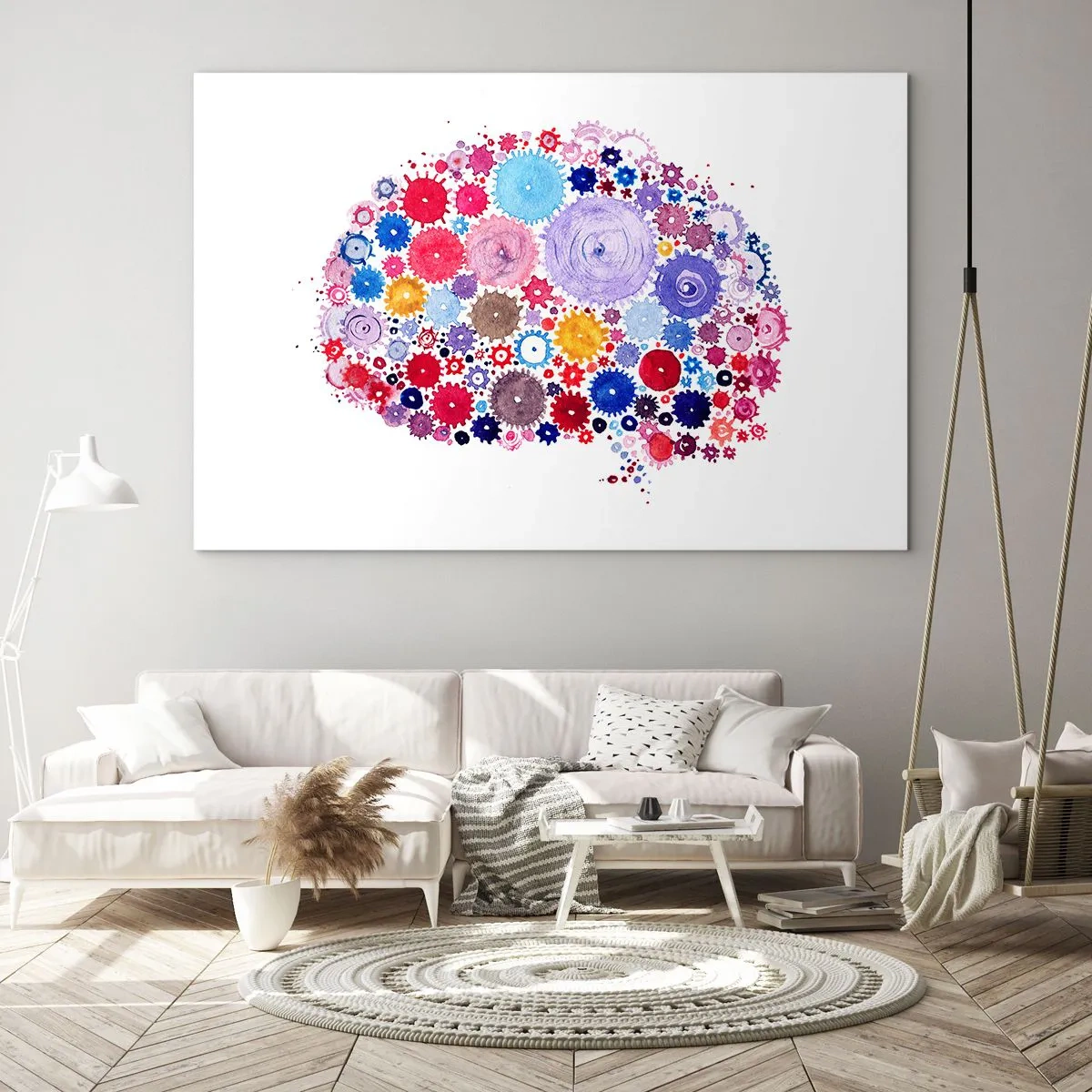 Obraz na skle - Barevná ilustrace mozku složeného z geometrických tvarů. - 70x50cm - Nejdokonalejší mašinérie přírody - Moderní nástěnná dekorace do obývacího pokoje a ložnice ARTTOR