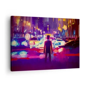 Obraz na plátně - Muž v neonové městské noční scéně - 70x50cm - Ponořený do světla - Moderní nástěnná dekorace do obývacího pokoje a ložnice ARTTOR