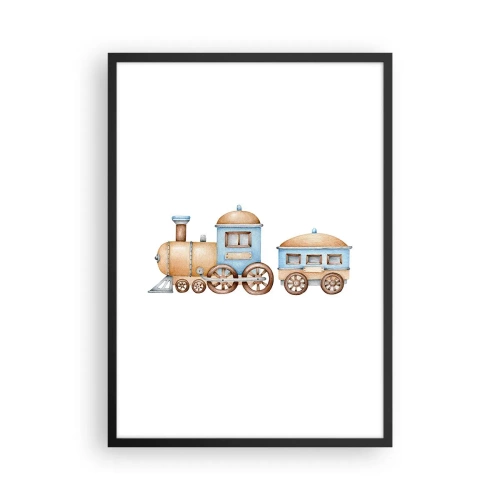Plakát v černém rámu - Akvarelový vlak v odstínech modré a béžové - 50x70cm - Na dráze stojí… - Moderní nástěnná dekorace do obývacího pokoje a ložnice ARTTOR