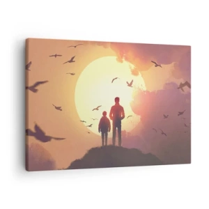 Obraz na plátně - Postavy na pozadí zapadajícího slunce - 70x50cm - Se sluncem tváři v tvář - Moderní nástěnná dekorace do obývacího pokoje a ložnice ARTTOR