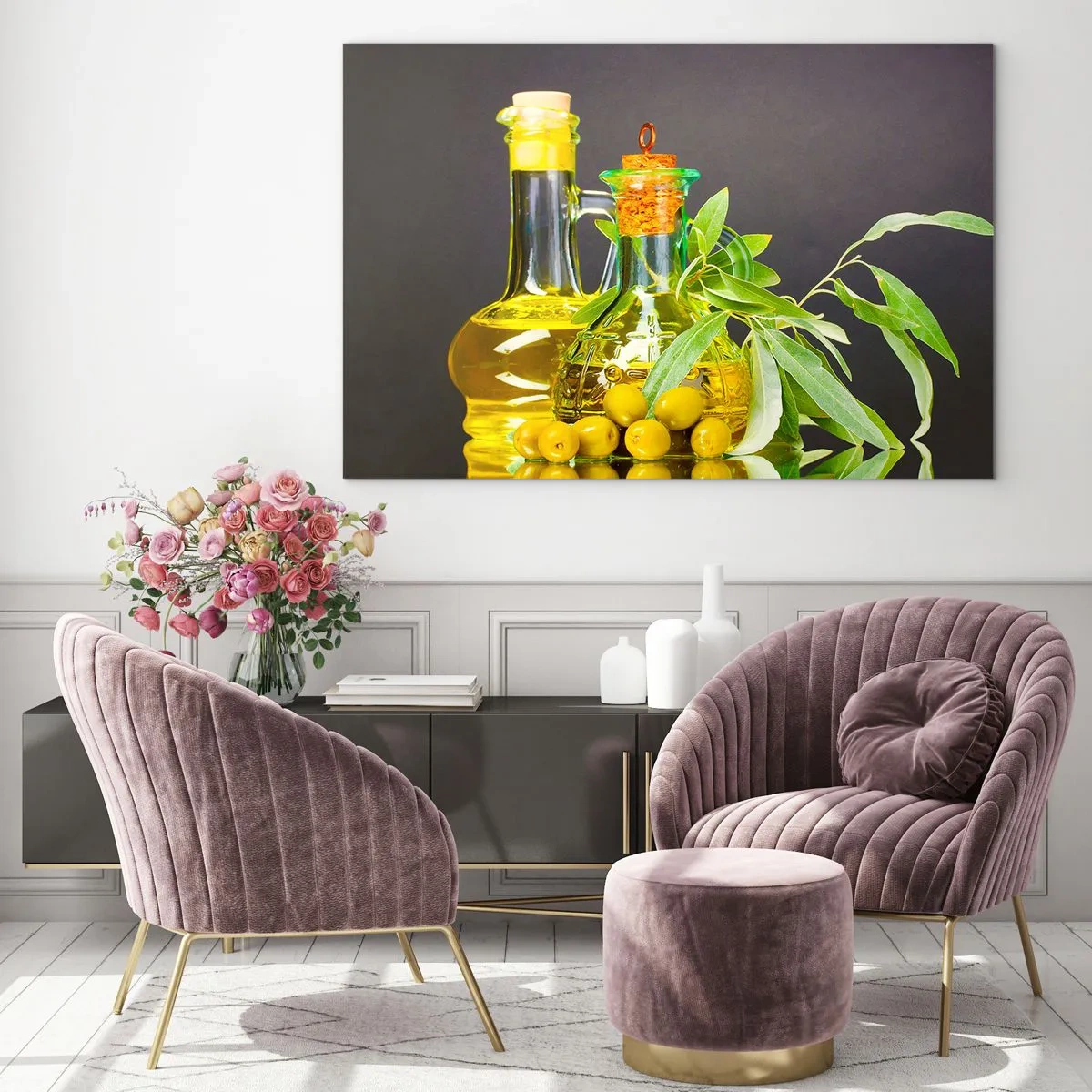 Obraz na skle - Zátiší s olivami a olejem - 120x80 cm