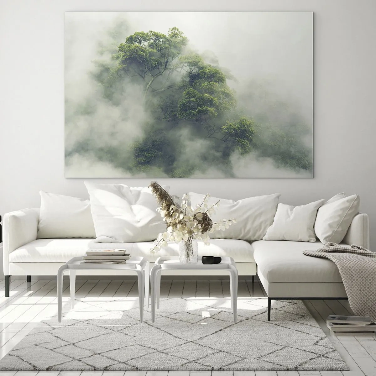 Obraz na skle - Stromy tropického lesa vynořující se z husté mlhy - 70x50cm - Zahalené mlhou - Moderní nástěnná dekorace do obývacího pokoje a ložnice ARTTOR