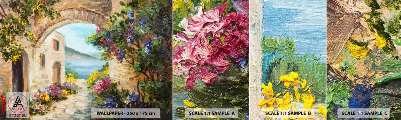 Vzor Fototapety Samolepicí Deluxe Sticker - Půvab pobřežní krajiny - Architektura, Řecko, Květiny - 100x30 cm