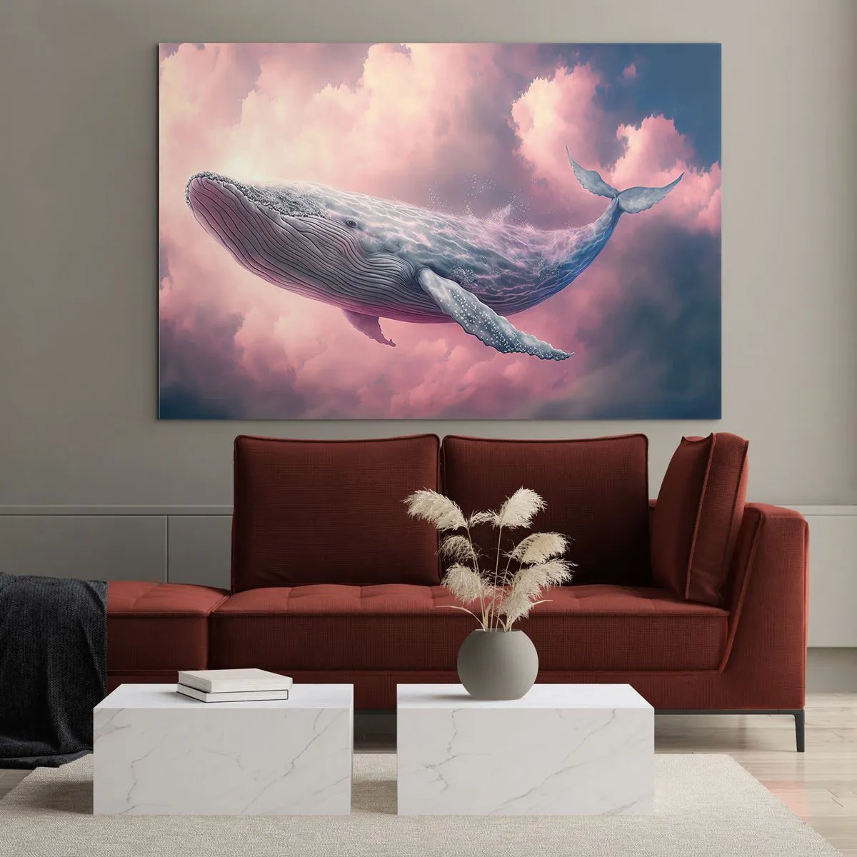 Obraz na skle - Velryba plovoucí v oblacích s růžovou září - 70x50cm - Otři si oči - Moderní nástěnná dekorace do obývacího pokoje a ložnice ARTTOR