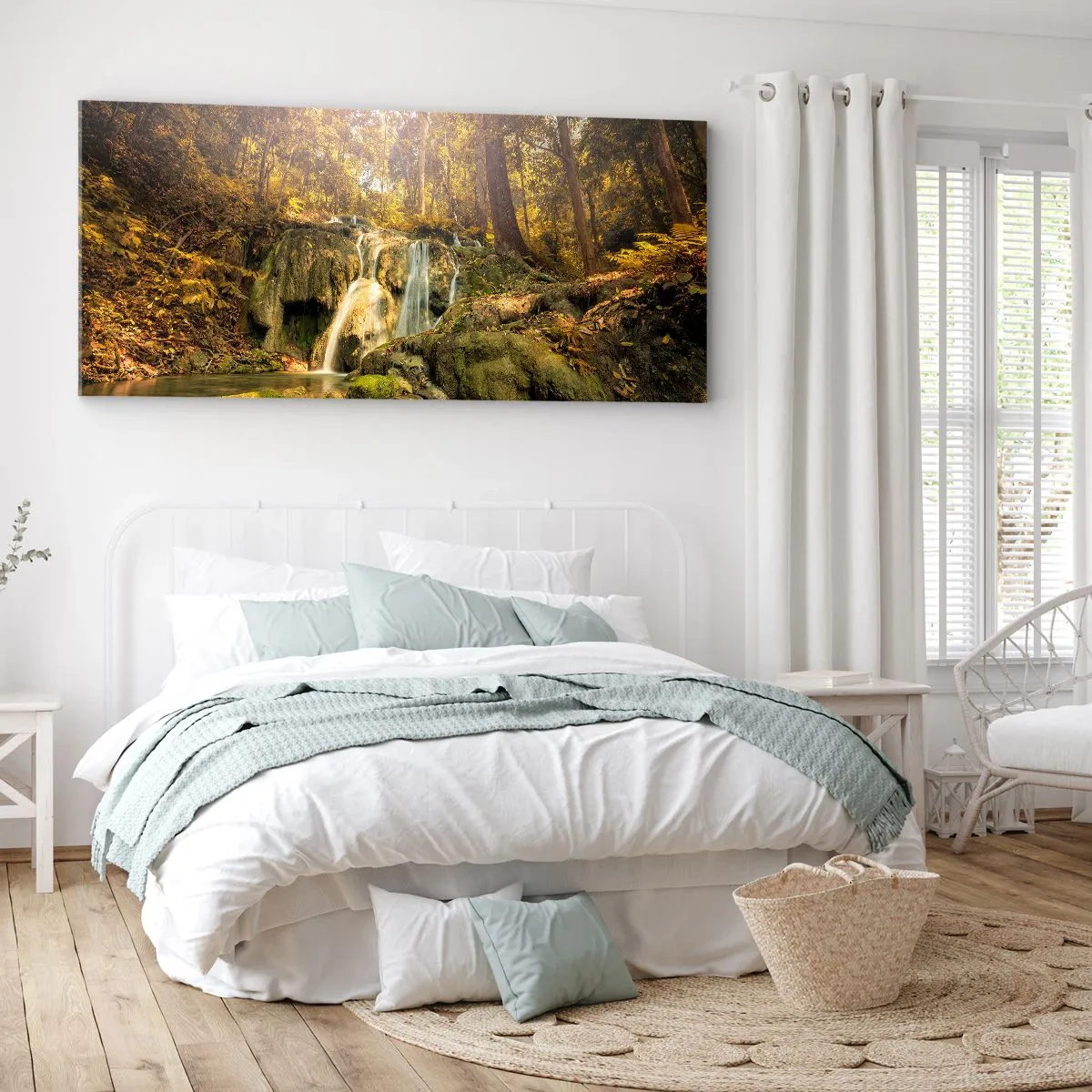 Obraz na plátně - Lesní vodopád v zelené - 100x40 cm