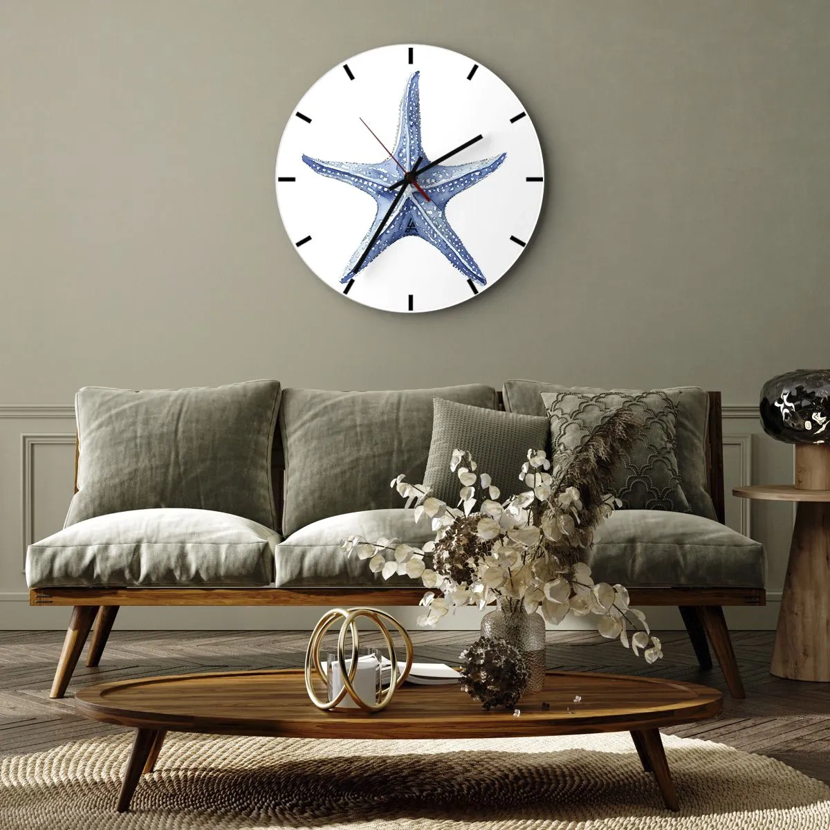 Nástěnné hodiny - Modrá hvězdice na bílém pozadí ve stylu akvarelu - 30x30cm - Hvězda moře - Moderní nástěnná dekorace do obývacího pokoje, kuchyně a ložnice ARTTOR