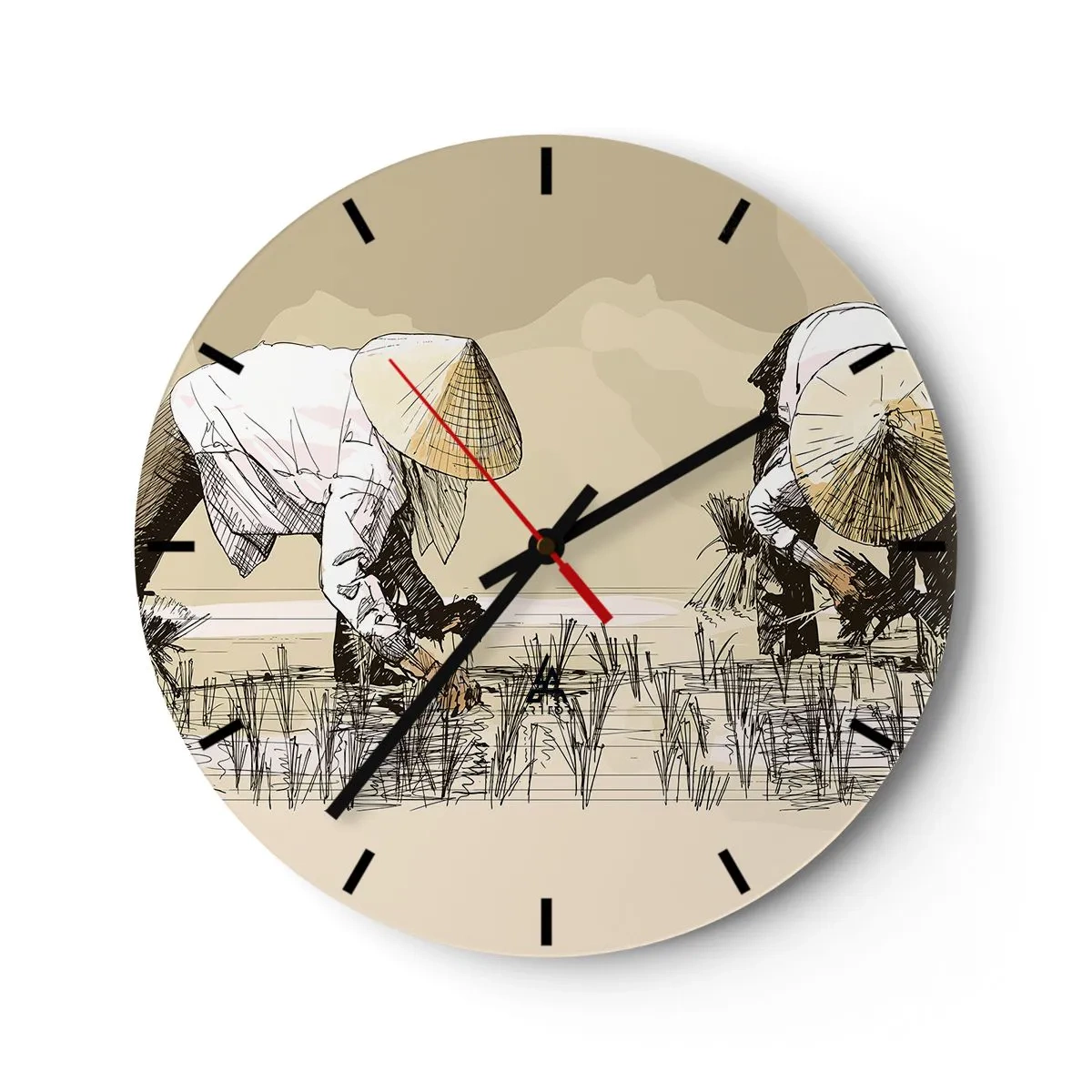 Nástěnné hodiny - Kreslený motiv farmářů pracujících na rýžovém poli v odstínech béžové. - 30x30cm - Úspěšná sklizeň - Moderní nástěnná dekorace do obývacího pokoje, kuchyně a ložnice ARTTOR