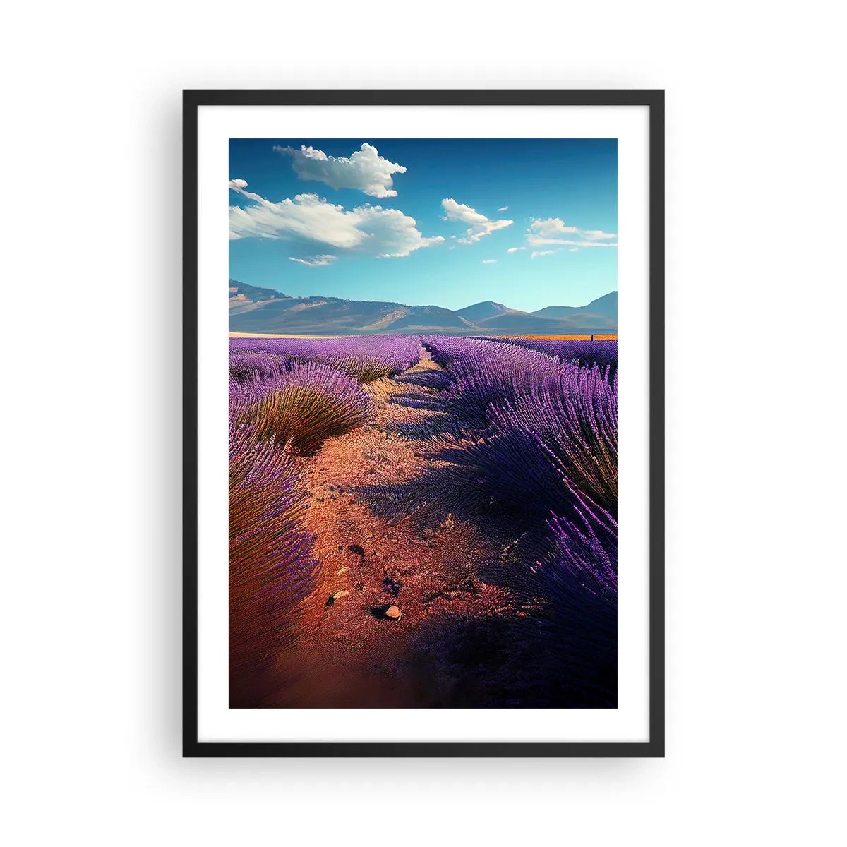 Plakát v černém rámu - Levandulové pole při západu slunce s horskou krajinou v pozadí - 50x70cm - Voňavá pole - Moderní nástěnná dekorace do obývacího pokoje a ložnice ARTTOR