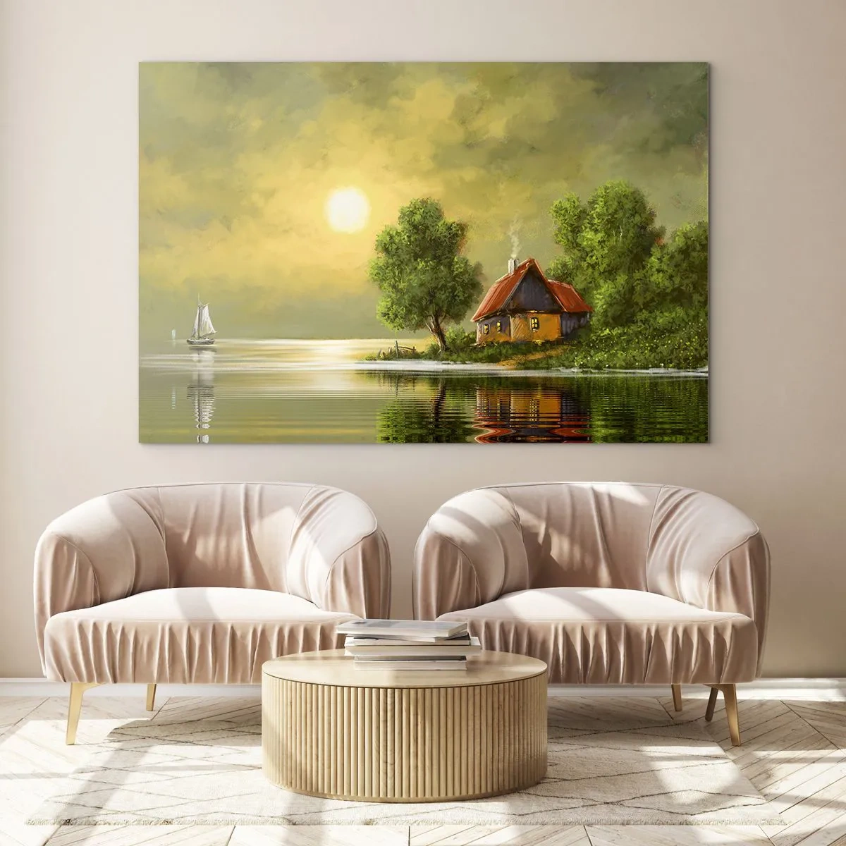 Obraz na skle - Malebná krajina s chatou u jezera při západu slunce - 70x50cm - Krásně, jako z obrázku - Moderní nástěnná dekorace do obývacího pokoje a ložnice ARTTOR