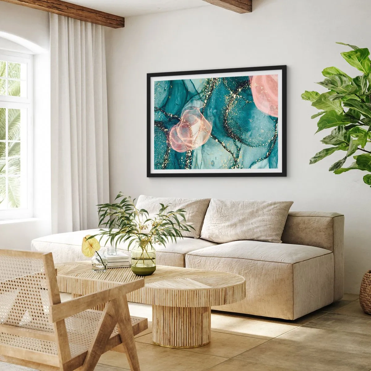 Plakát v černém rámu - Modré hedvábí modré, růžový tyl - 70x50 cm