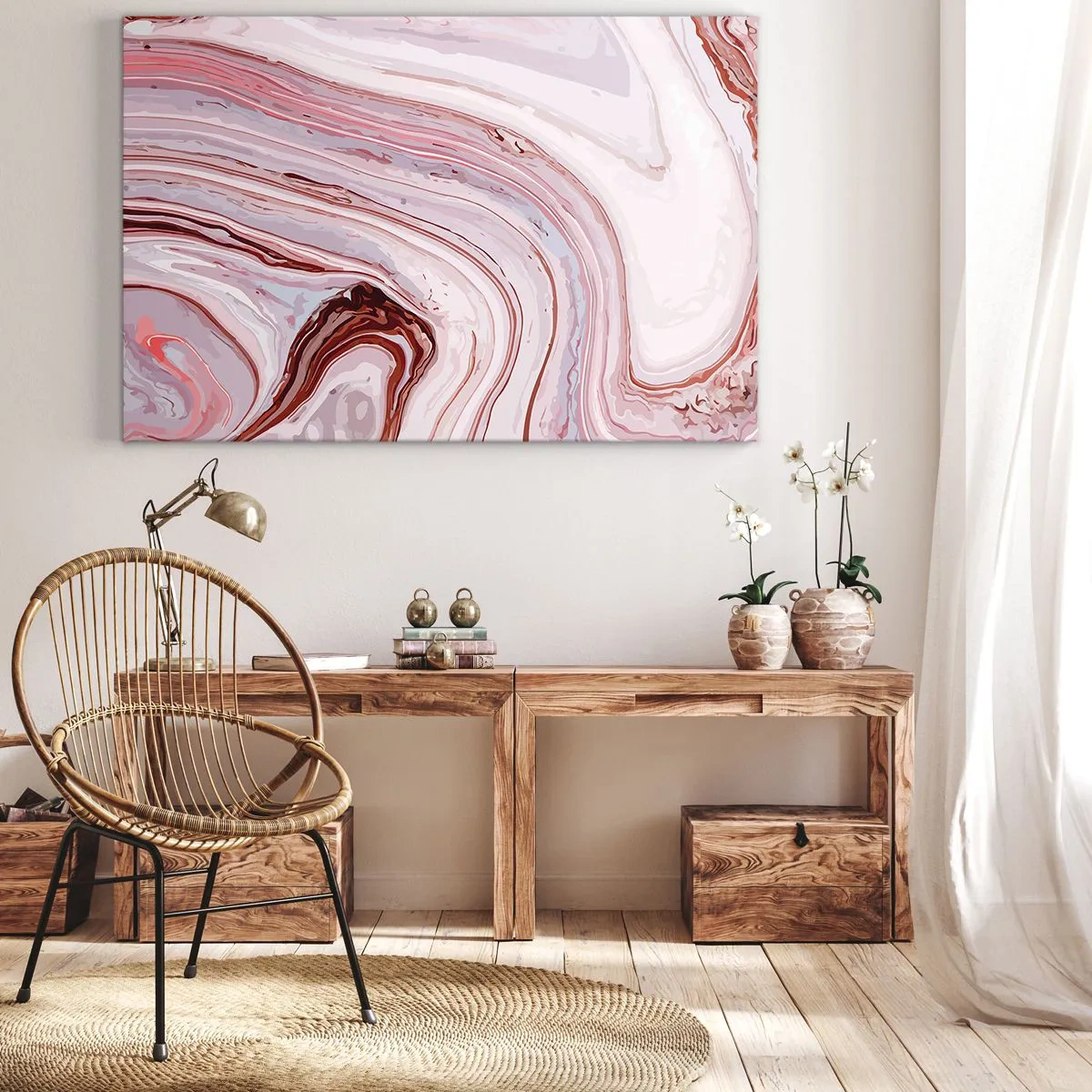 Obraz na plátně - Abstraktní vzor v růžové a bílé - 70x50cm - Rovně, potom vpravo dolů - Moderní nástěnná dekorace do obývacího pokoje a ložnice ARTTOR