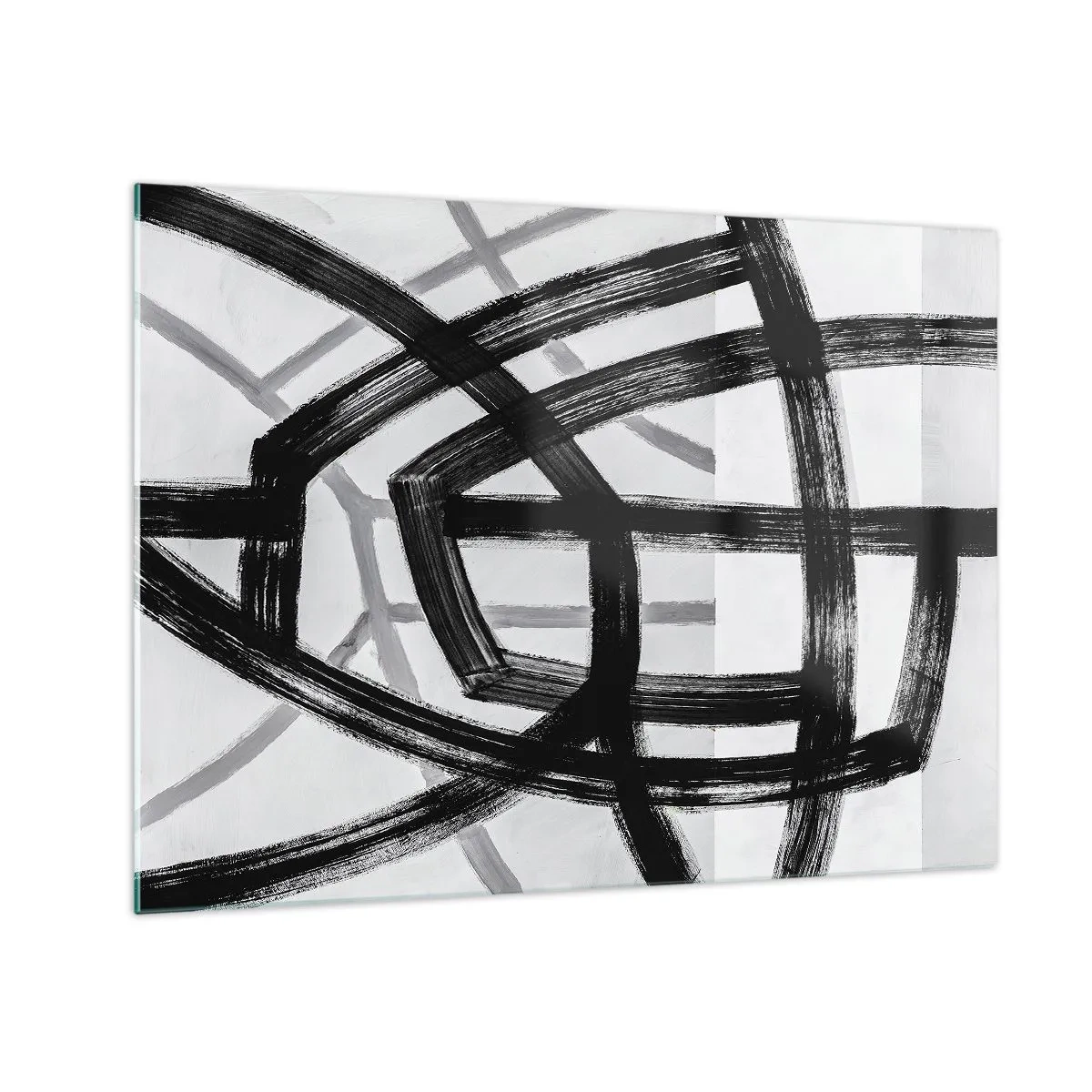 Obraz na skle - Černé a šedé tahy štětcem vytvářejí dynamickou síť čar. - 70x50cm - Hloubka - Moderní nástěnná dekorace do obývacího pokoje a ložnice ARTTOR