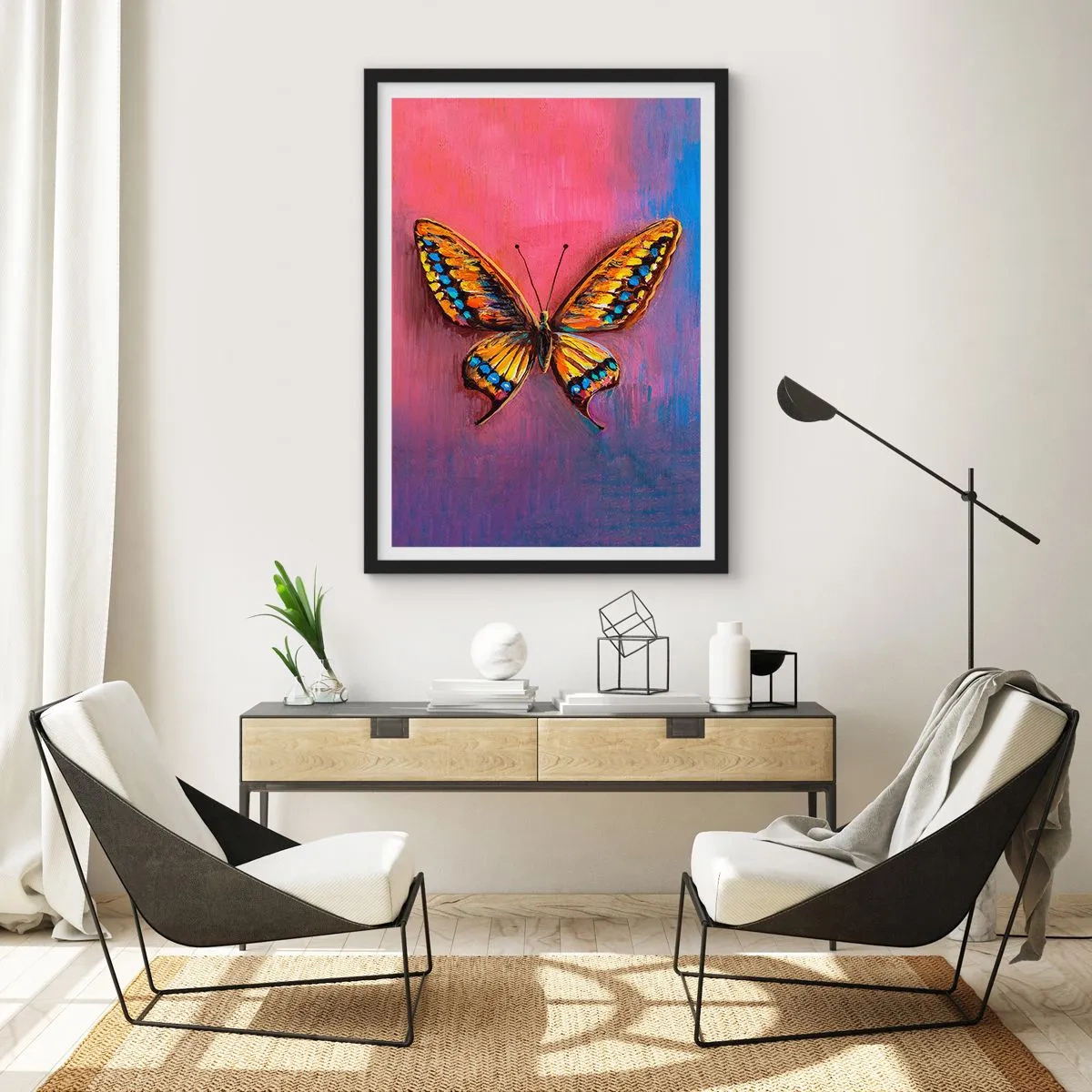 Plakát v černém rámu - Barevný motýl na uměleckém pozadí s intenzivními barvami. - 50x70cm - Klenot přírody - Moderní nástěnná dekorace do obývacího pokoje a ložnice ARTTOR