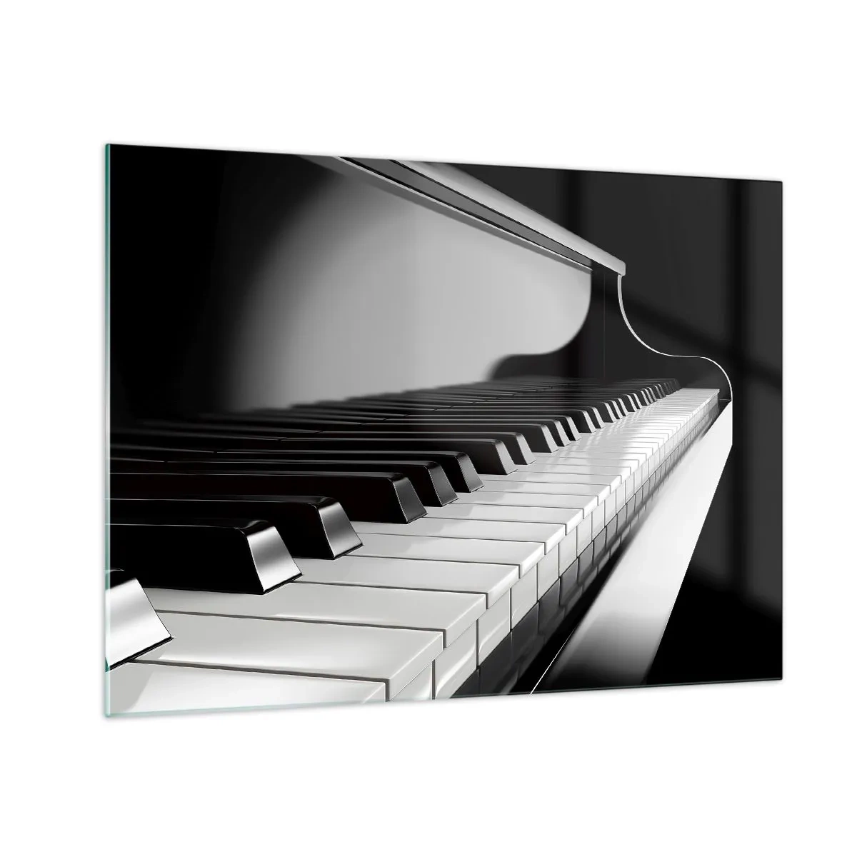 Obraz na skle - Černobílá klávesnice klavíru v perspektivě - 70x50cm - Harmonie tvarů a barev - Moderní nástěnná dekorace do obývacího pokoje a ložnice ARTTOR