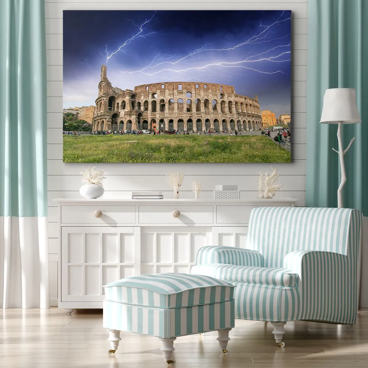 Obraz na plátně - Koloseum v Římě osvětlené blesky - 70x50cm - Aréna války - Moderní nástěnná dekorace do obývacího pokoje a ložnice ARTTOR