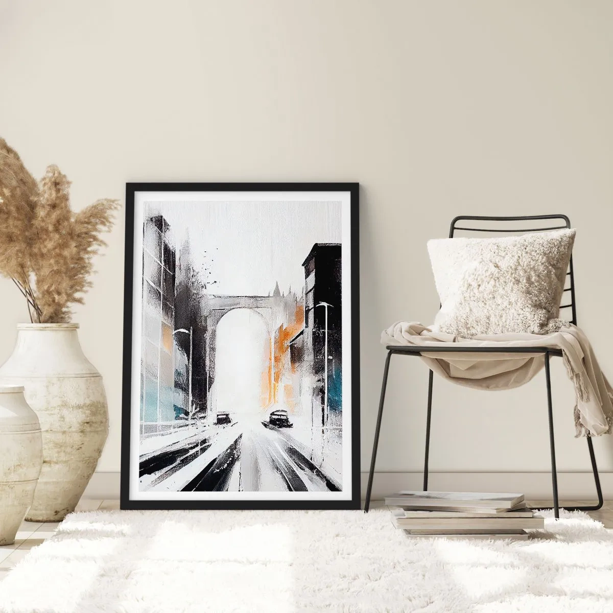 Plakát v černém rámu - Abstraktní panorama města s monumentálním obloukem - 50x70cm - Studie města: architektura a pohyb - Moderní nástěnná dekorace do obývacího pokoje a ložnice ARTTOR
