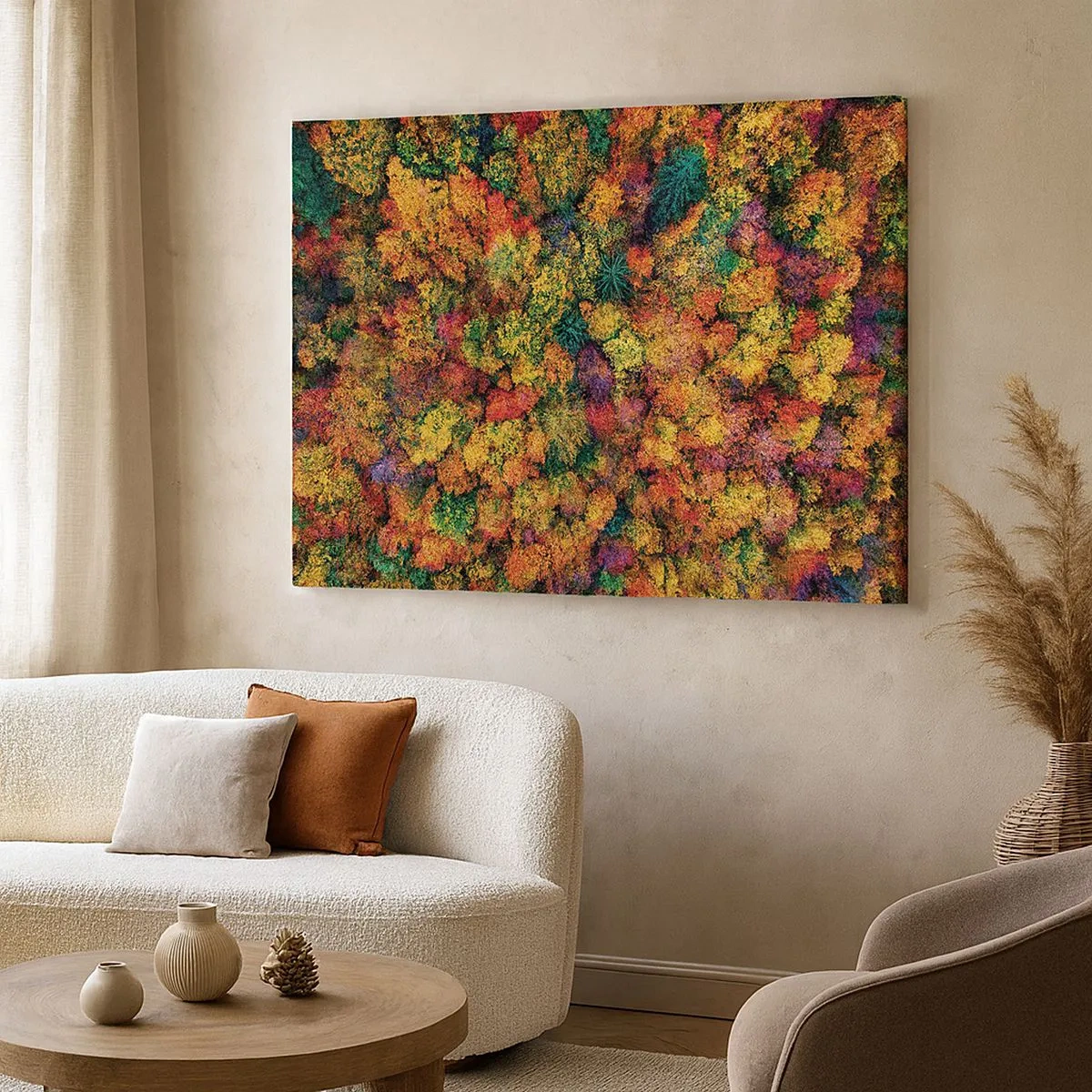 Obraz na plátně - Barevné koruny stromů v podzimní paletě - 70x50cm - Kytice podzimních stromů - Moderní nástěnná dekorace do obývacího pokoje a ložnice ARTTOR