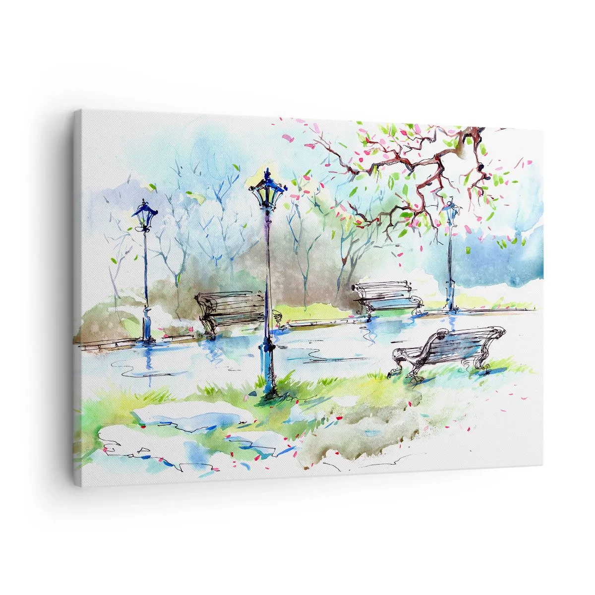 Obraz na plátně - Akvarelová parková scéna s lavičkami a lampami - 70x50cm - Kouzlo parkového ticha - Moderní nástěnná dekorace do obývacího pokoje a ložnice ARTTOR