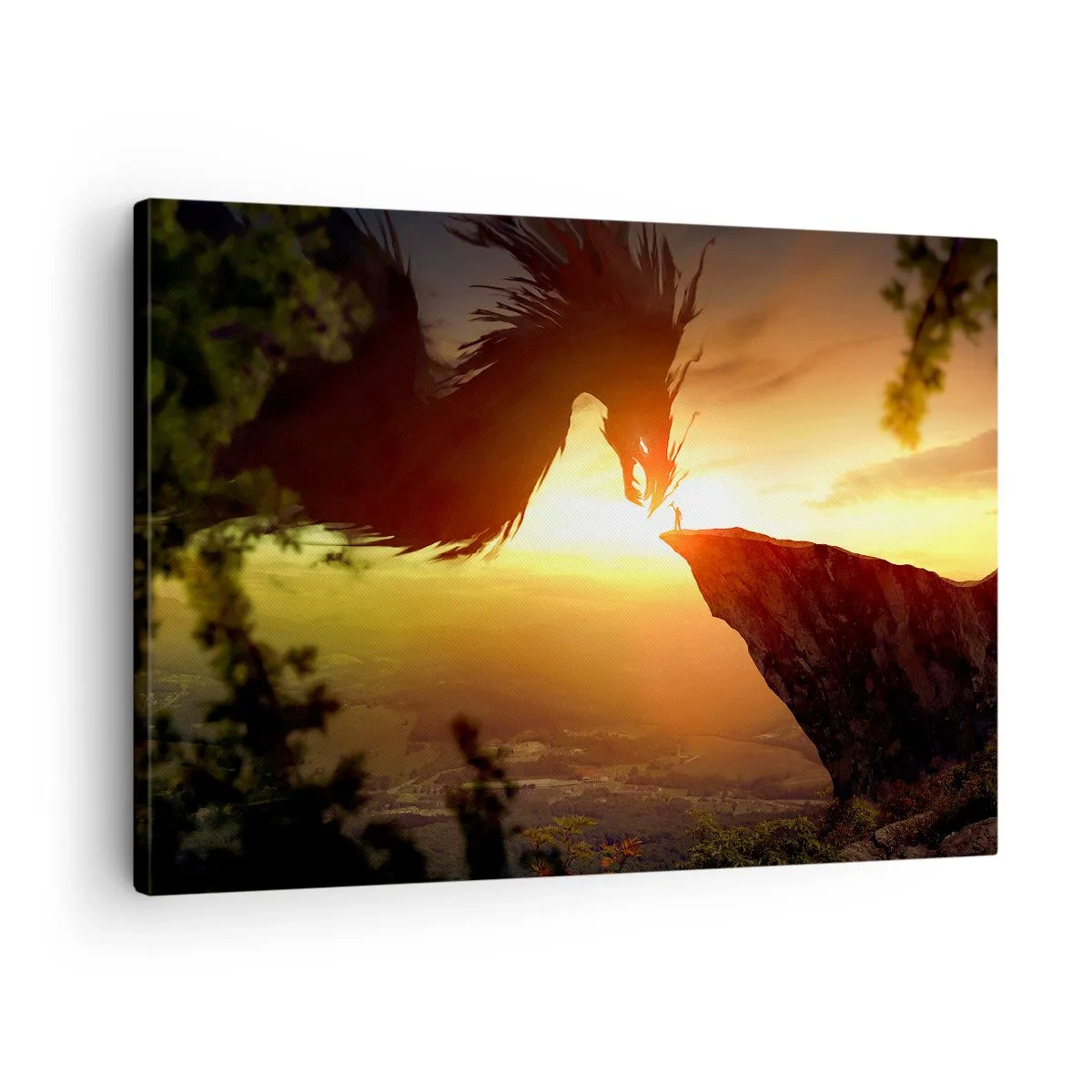 Obraz na plátně - Drak a muž na skále v záři zapadajícího slunce - 70x50cm - Přemožitel draka - Moderní nástěnná dekorace do obývacího pokoje a ložnice ARTTOR
