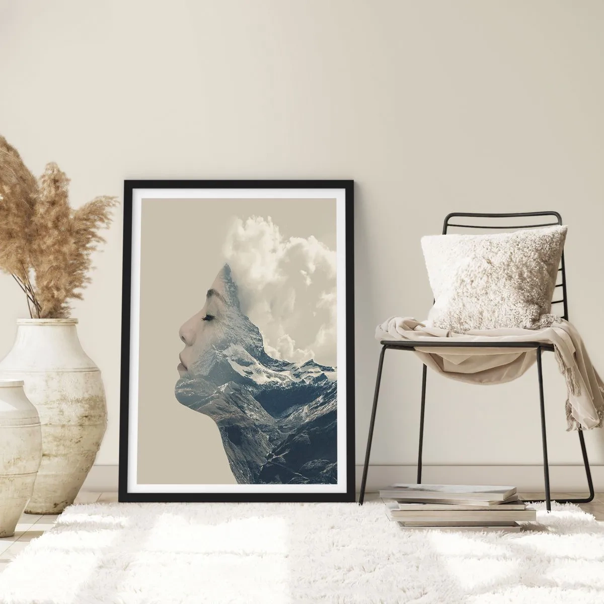 Plakát v černém rámu - Ženský profil splývající s horskou krajinou - 50x70cm - Krása živlů - Moderní nástěnná dekorace do obývacího pokoje a ložnice ARTTOR