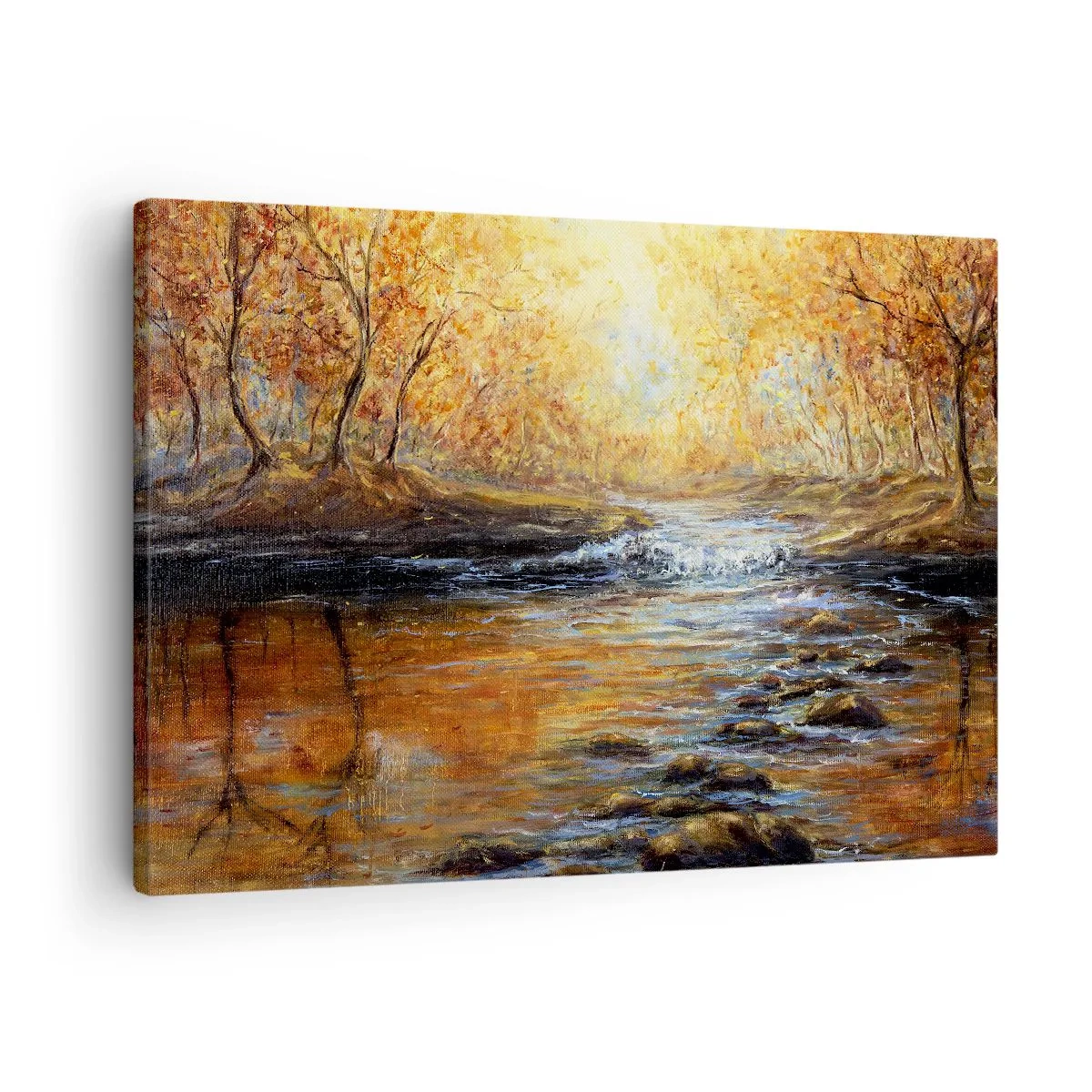 Obraz na plátně - Podzimní krajina s řekou mezi stromy - 70x50cm - Zlatý potok - Moderní nástěnná dekorace do obývacího pokoje a ložnice ARTTOR