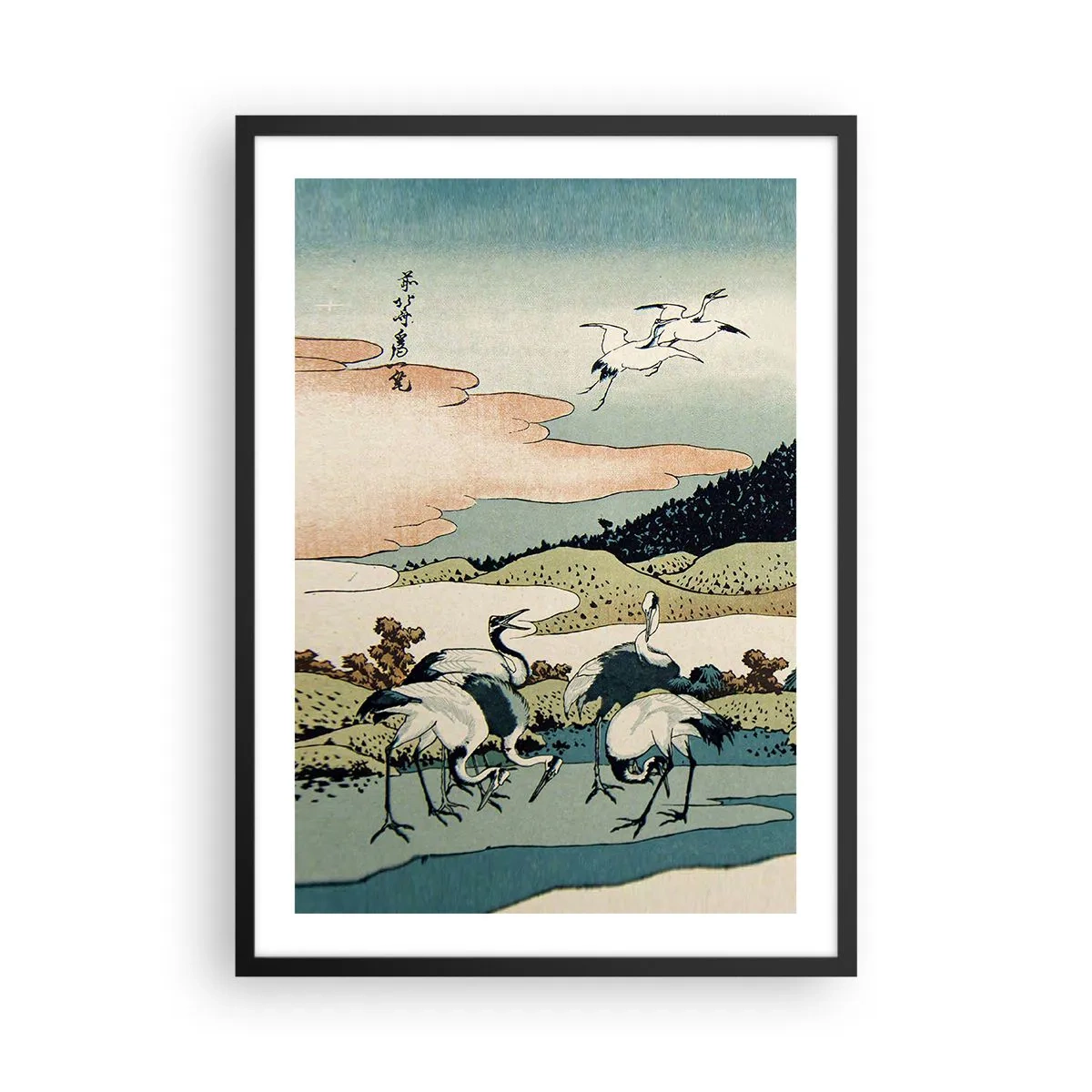 Plakát v černém rámu - Tradiční japonské umělecké dílo s jeřáby v přírodní krajině - 50x70cm - V japonském duchu - Moderní nástěnná dekorace do obývacího pokoje a ložnice ARTTOR