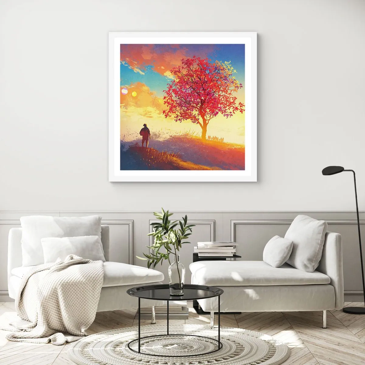 Plakát v bílém rámu - Poutník u cíle - 60x60 cm