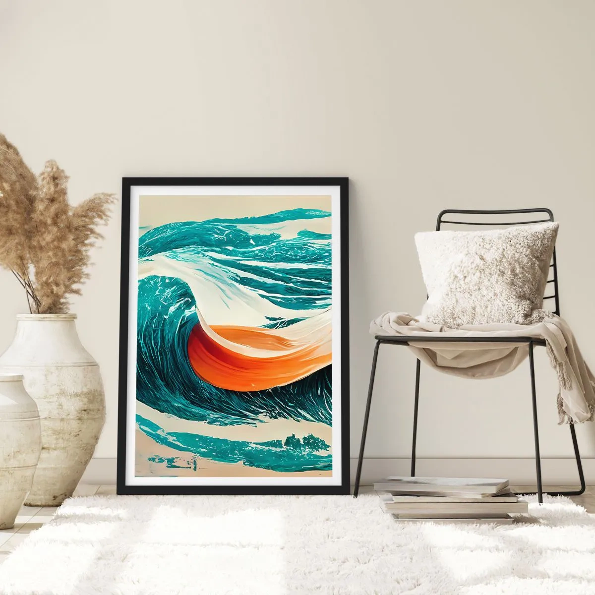 Plakát v černém rámu - Dynamická vlna v abstraktních barvách - 50x70cm - Surfařův sen - Moderní nástěnná dekorace do obývacího pokoje a ložnice ARTTOR