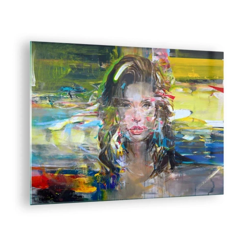 Obraz na skle - Abstraktní portrét ženy s dynamickým pozadím - 70x50cm - Za závojem vzduchu - Moderní nástěnná dekorace do obývacího pokoje a ložnice ARTTOR